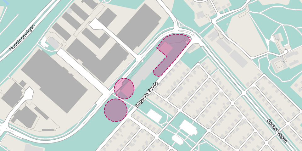 Översikt över området med ungefärligt planområde markerat med rosa.